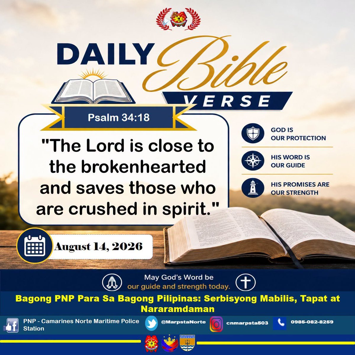 MarpstaNorte's tweet photo. Daily Bible Verse | Psalm 34:18
#BagongPilipinas
#ByLandAndSeaWeOvercome
#ToServeandProtect
#BagongPNPparaSaBagongPilipinas:SerbisyongMabilisTapatAtNararamdaman https://t.co/yosqPo1geW