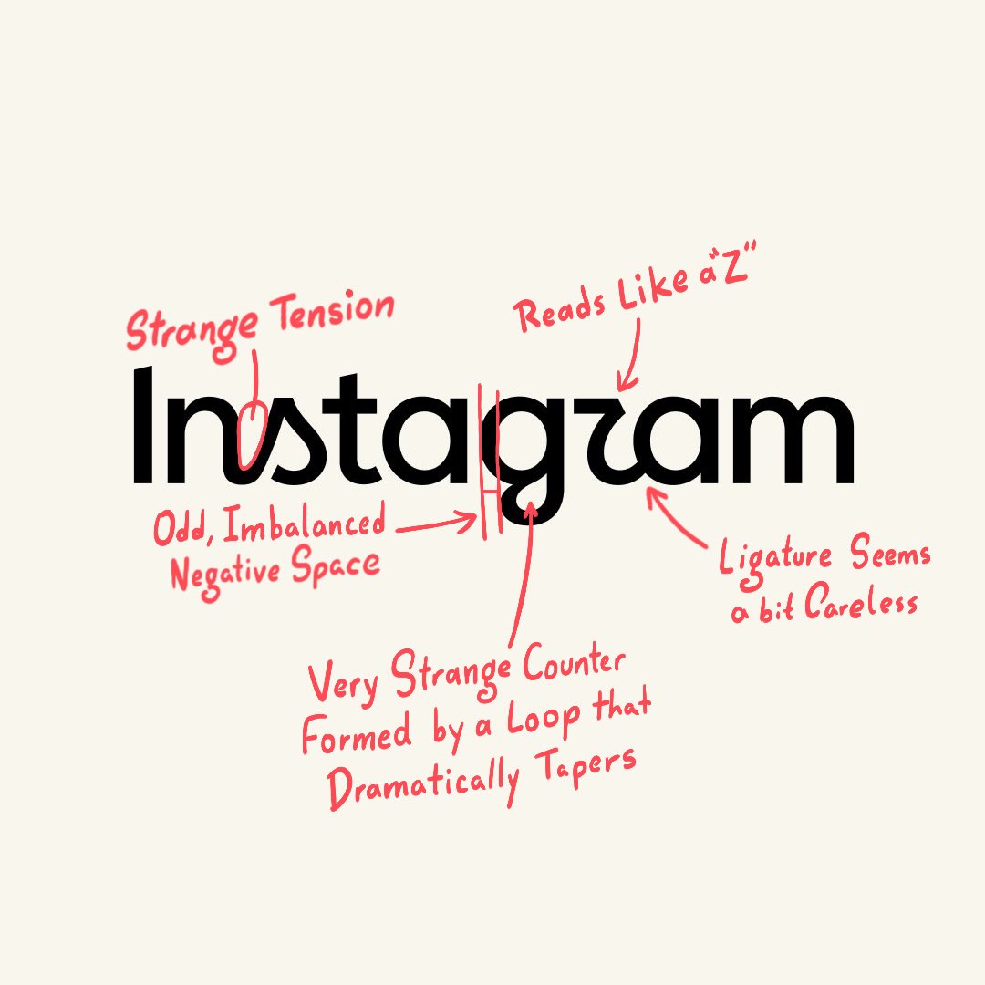 ClickPop's tweet photo. I’m normally a fan of slightly odd logos that break convention; but something about the the Instagram logotype sticks in my craw. The collection of rules broken just don’t feel intentional or connected. It has a vague air of AI (and I don’t mean slop, just sterility). https://t.co/whu7RLI9zm
