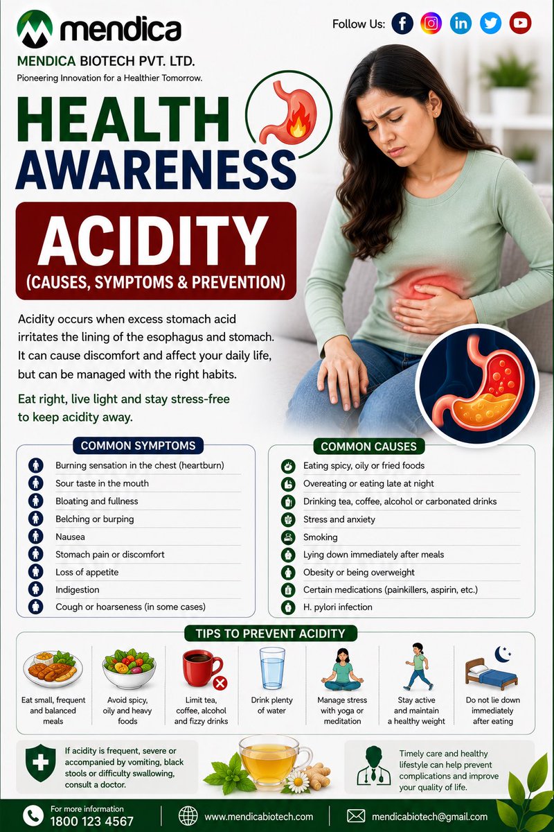 MendicaBiotech's tweet photo. 🌿 HEALTH AWARENESS | ACIDITY

Acidity can cause heartburn, sour taste, bloating and stomach discomfort. Maintain healthy eating habits, avoid excessive spicy &amp; oily foods, stay hydrated, manage stress, and avoid lying down immediately after meals.

💚 https://t.co/M17f6qsHw3