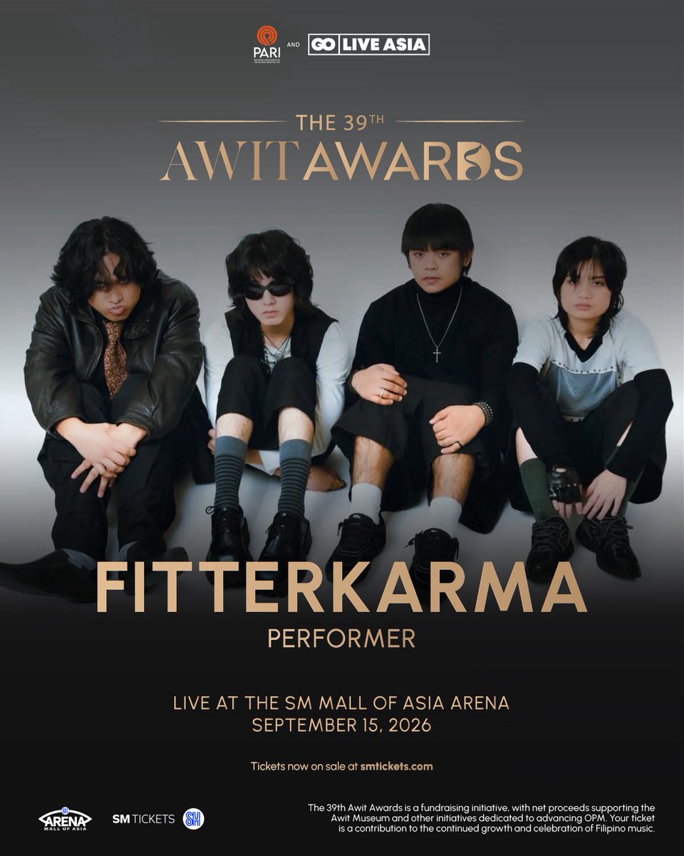 AwitAwards's tweet photo. ‘KANIBALISMO, 'DI KA MATIIS..’ 🩸

fitterkarma is taking the stage at the #39thAwitAwards.

Catch their performance alongside some of the biggest names in Filipino music on Sept 15, 2026, at the SM Mall of Asia Arena.

Get your tickets now via SM Tickets.

#AwitAwards #OPM https://t.co/zKyIrjEOaL