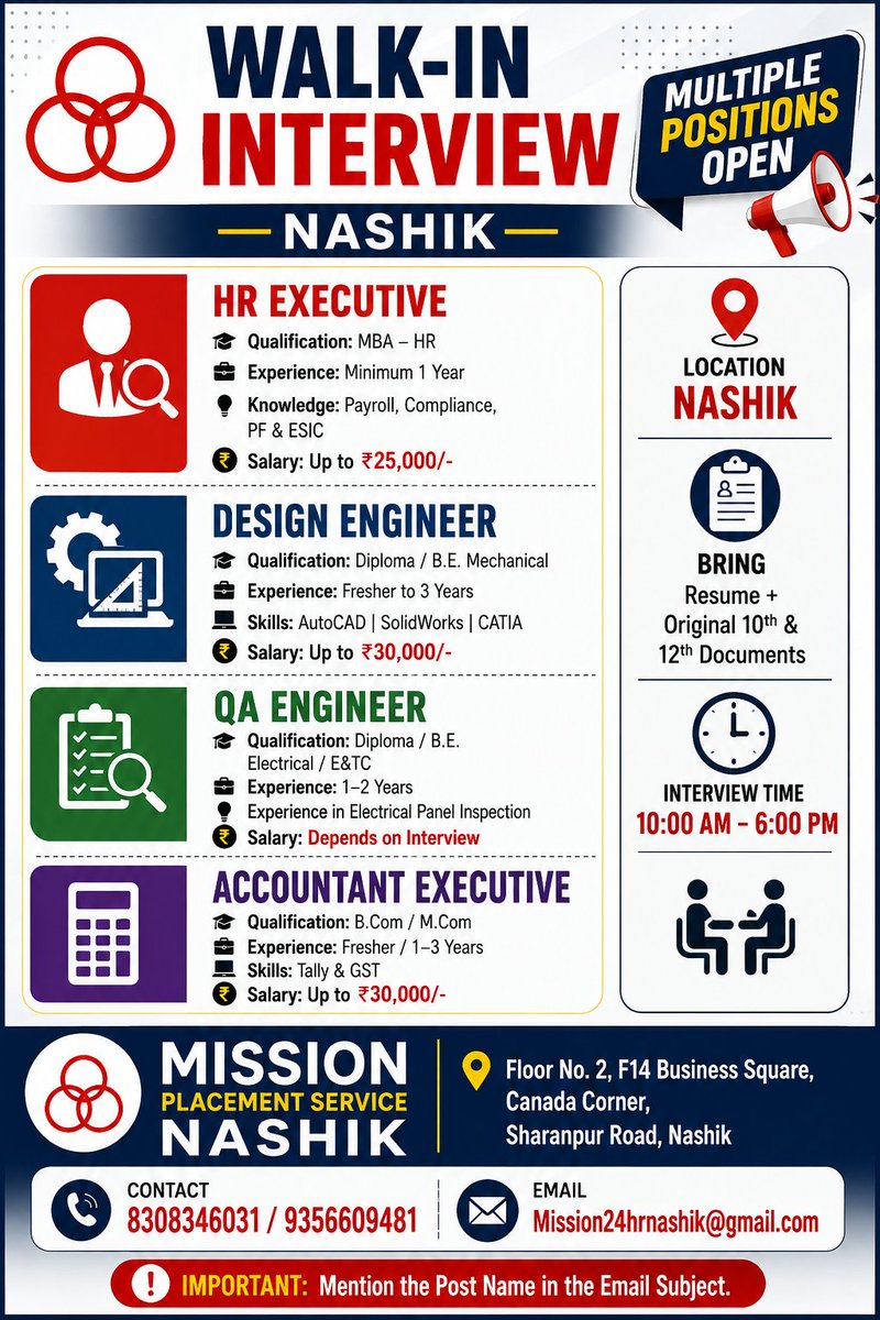 MissionNashik's tweet photo. Looking for your next job? 💼🔥 4 positions are currently open in Nashik
#NashikJobs #NashikJob #JobOpening #JobVacancy #WalkInInterview #HiringNow #NashikHiring #JobsInNashik #FreshersJobs #HRJobs #DesignEngineer #QAEngineer #AccountantJobs #JobSearch #CareerOpportunity https://t.co/qNZg0tH7UP