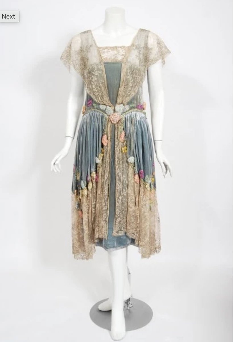 LaurenCDeutsch's tweet photo. I went into a little rabbit hole with Sadie Nemser Couture. I found a lot of dresses from her and am going to showcase them for a week. This one is a 1924 robe de style dress made of baby blue velvet and creme lace with extraordinarily elaborate embroidery of silk flowers with https://t.co/l9Y5brpzDO