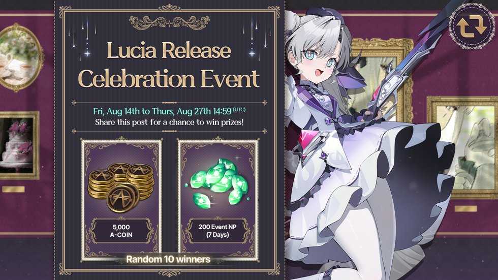 _EternalReturn_'s tweet photo. 📢 [Lucia Release Celebration Event] 

Lucia, our 90th test subject, is joining Lumia Island on August 20th.
To celebrate, we're giving prizes to random lucky winners!

🖊️How to participate: Follow @_EternalReturn_ and repost this post
🎁 Reward: 200 Event NP (7 Days)  & 5,000 A-coin (Random 10 winners)
🕒 Event Period: to Thurs, Aug 27th 14:59 (UTC)