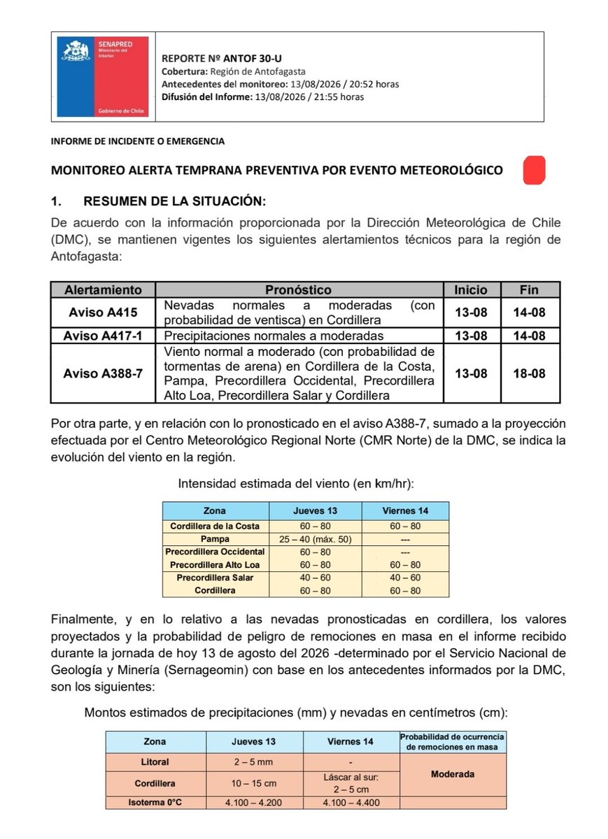 OMEGA_Antof's tweet photo. #Antofagasta

Estimad@s
 
Junto con saludar, se adjunta Monitoreo de Alerta Temprana Preventiva por Evento Meteorológico, cobertura Regional.

Atentamente,
*Unidad Regional de Alerta Temprana SENAPRED Antofagasta* https://t.co/juIAxiGBeK