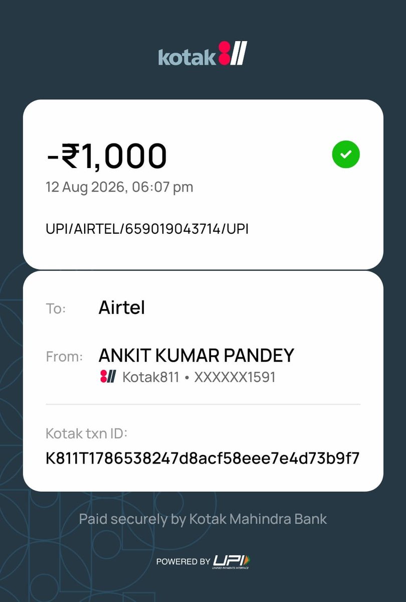 ReporterAnkit1's tweet photo. @KotakBankLtd I made a ₹1,000 payment on 12 August 2026 via Kotak UPI by scanning the Airtel Metro Card QR. The payment was successful, but the Metro Card balance has not been updated even after 24+ hours.

Transaction ID: K811T1786538247d8acf58eee7e4d73b9f7

Please check the https://t.co/s9SQB3S9Yl