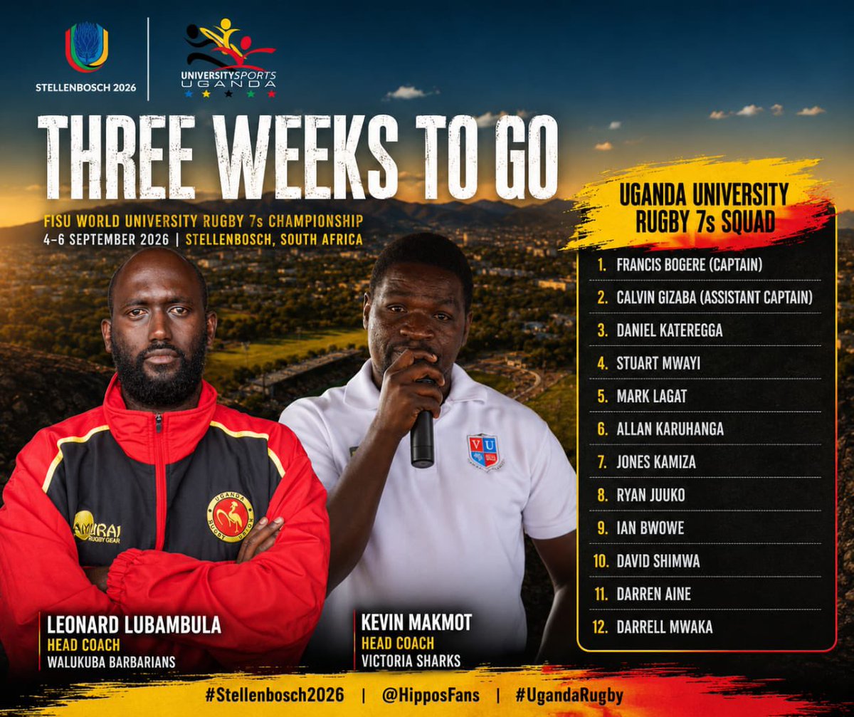 HipposFans's tweet photo. 🇺🇬|🇿🇦 @VarsitysportsUG has named Leonard Lubambula and Kevin Makmot as head coaches of the university men’s Rugby 7s team for the FISU World University Rugby Sevens Championship, set for 4-6 September Stellenbosch.

The team is targeting a podium finish after placing 6th out of 12 teams at the 2018 edition. Francis Bogere will captain the 12-man squad, assisted by Calvin Gizaba.

Before departure, Uganda will face a national select side in a warm-up match at Kyadondo Rugby Ground. Uganda’s expected opponents: 🇨🇳, 🇮🇹, 🇪🇸, 🇫🇷(defending champions), 🇵🇹, 🇳🇦, 🇰🇪, 🇬🇧, 🇧🇷 & hosts 🇿🇦

Source: https://t.co/oPRJBn66XU