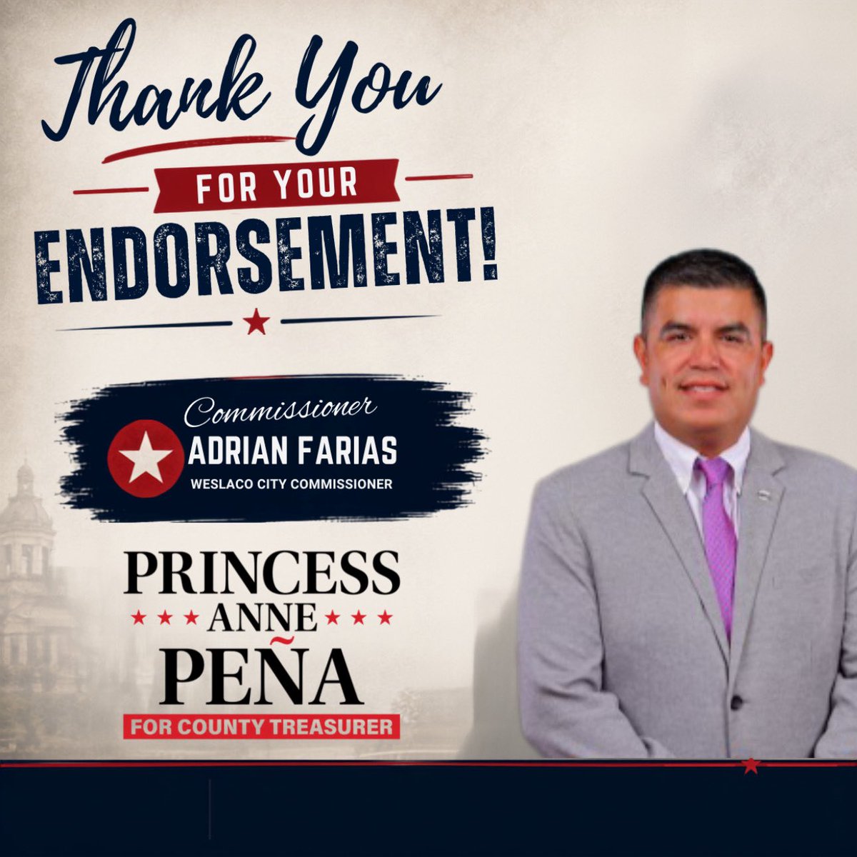 P4treasurer's tweet photo. Thank you Commissioner Adrian Farias for your endorsement and support! I truly appreciate you believing in me and my campaign for Hidalgo County Treasurer. It means a lot to have people in our community standing behind me as we keep moving forward. 🇺🇸🙌🏻

If you would like to donate to my campaign and help us keep pushing forward, you can donate here: https://t.co/6pLev9XSCz