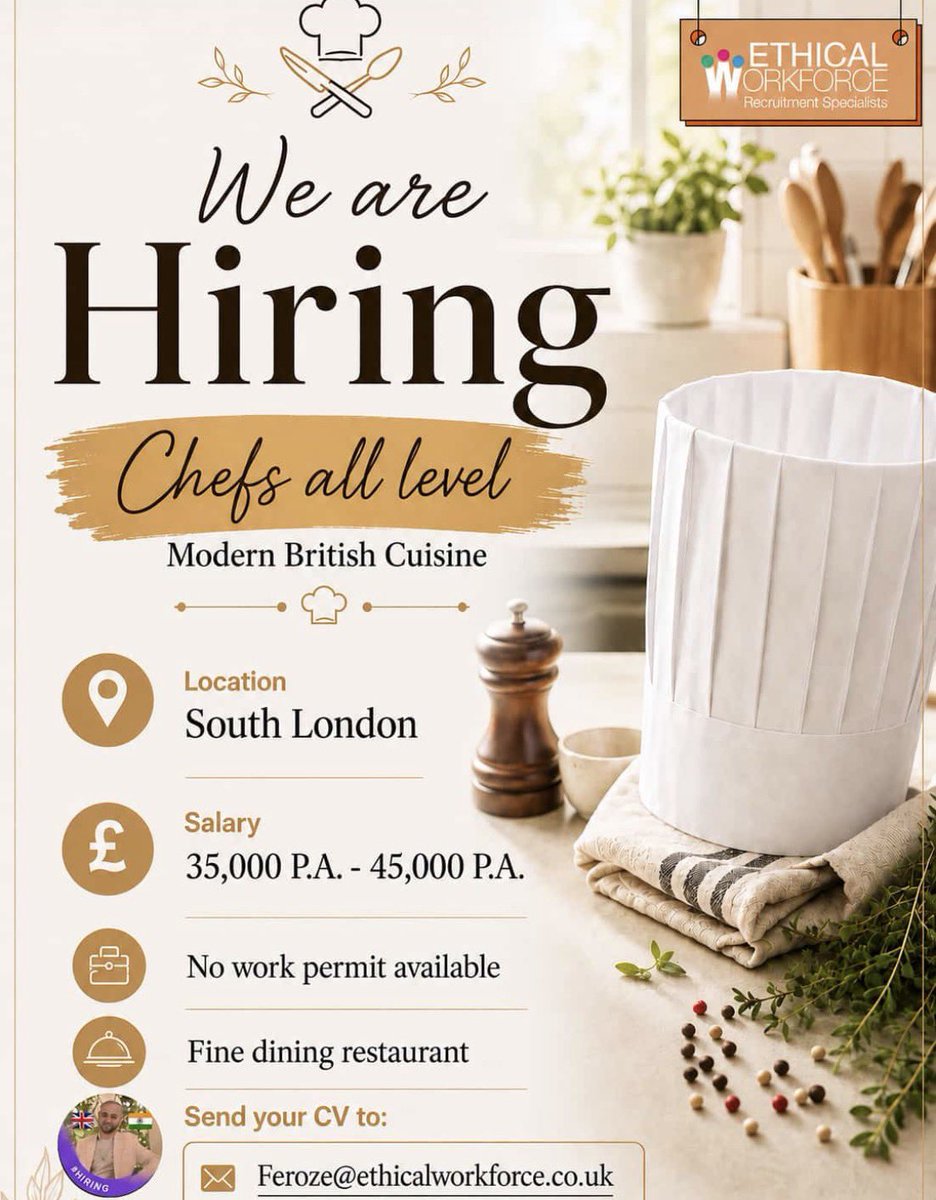 EthicalWorkF's tweet photo. We are hiring chefs for a Modern British Cuisine.

- Fine dining restaurant 

Location: South London

Salary: £35,000 - £45,000 Per Annum

No work permit available.

Send your CV to feroze@ethicalworkforce.co.uk

Good luck! https://t.co/yKFKKm5dwG