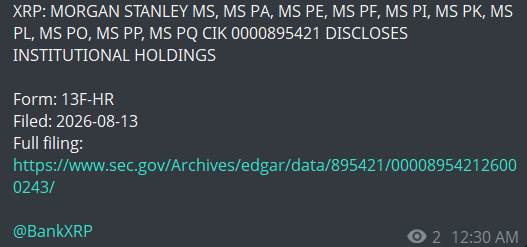 BankXRP's tweet photo. JUST IN: Morgan Stanley discloses XRP ETF holdings in Q2 2026 13F-HR filing, positions confirmed across Franklin XRP ETF, REX-Osprey XRP ETF, and Bitwise XRP ETF. https://t.co/hdNj0ZuwLc