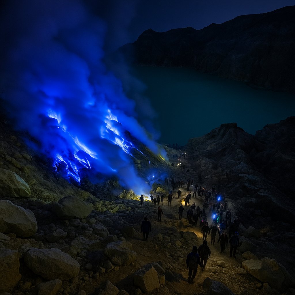 WonderRove's tweet photo. The electric-blue glow isn’t lava. 

Sulfur-rich gases escaping this volcano ignite when they reach the air. https://t.co/PhpOSXv5nh
