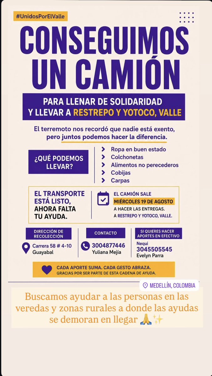evelynparramor1's tweet photo. Si te encuentras en Medellín estaremos todo el fin de semana recibiendo donaciones.
Carrera 58#4-10, Guayabal

Si quieres apoyar y no estás en Medellín puedes hacerlo al Nequi 3045505545

Las ayudas serán para Restrepo y Yotoco Valle

@WonderMafe  @dianalunareja @NoMeBusque1 https://t.co/z7l7wWObXd