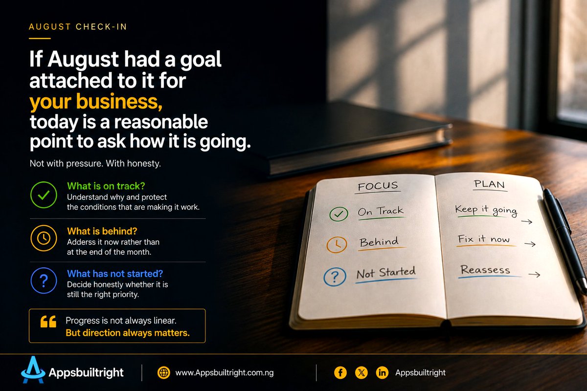 AppsBuiltRight's tweet photo. Mid-month.

3 questions:

1. What's on track? (protect it)
2. What's behind? (fix it now, not at month end)
3. What hasn't started? (is it still worth doing?)

Direction always matters more than pace.

#AppsBuiltRight #MidMonthCheckIn #BusinessGrowth #BusinessStrategy #Leadership https://t.co/1Z7WUcb7jR