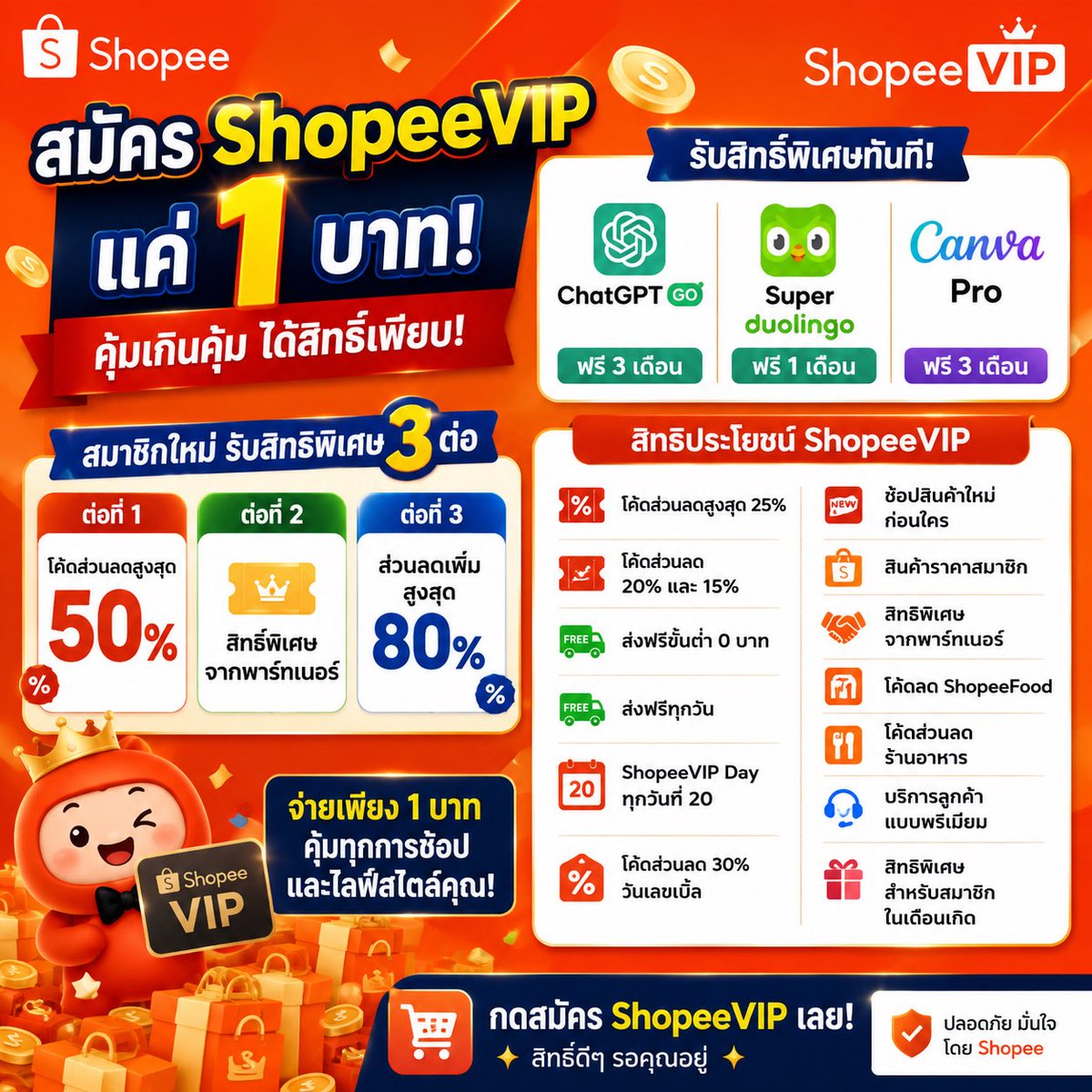pwin789's tweet photo. 🔥 **สมัคร ShopeeVIP แค่ 1 บาท รับสิทธิ์คุ้มเกินราคา!**
https://t.co/Y3Ema4wEYc

🤖 **ChatGPT Go ฟรี 3 เดือน**
🎨 **Canva Pro ฟรี 3 เดือน**
🦉 **Super Duolingo ฟรี 1 เดือน**

🎁 **สมาชิกใหม่ รับสิทธิพิเศษ 3 ต่อ**

🟠 **ต่อที่ 1** โค้ดส่วนลดสูงสุด **50%**
🟢 **ต่อที่ 2** รับสิทธิ์พิเศษจากพาร์ทเนอร์
🔵 **ต่อที่ 3** รับส่วนลดสูงสุด **80%**

✨ **ยังมีสิทธิประโยชน์ ShopeeVIP อีกเพียบ**

• โค้ดส่วนลดสูงสุด **25%**
• โค้ดส่วนลด **20% และ 15%**
• ส่งฟรีขั้นต่ำ **0 บาท**
• ส่งฟรีทุกวัน
• **ShopeeVIP Day ทุกวันที่ 20**
• วันเลขเบิ้ล รับโค้ดส่วนลดสูงสุด **30%**
• ช้อปสินค้าใหม่ก่อนใคร
• สินค้าราคาสมาชิก
• สิทธิพิเศษจากพาร์ทเนอร์
• โค้ดลด **ShopeeFood**
• ส่วนลดร้านอาหาร
• บริการลูกค้าแบบพรีเมียม
• สิทธิพิเศษสำหรับสมาชิกในเดือนเกิด 🎂

💥 **จ่ายเพียง 1 บาท ได้ ChatGPT Go ฟรีถึง 3 เดือน พร้อมสิทธิ์ ShopeeVIP อีกเพียบ**

ใครใช้ ChatGPT อยู่แล้ว หรือช้อป Shopee เป็นประจำ **คุ้มมาก**

👇 **กดสมัคร ShopeeVIP / เช็กสิทธิ์ได้ที่ลิงก์ด้านล่าง**

#ShopeeVIP #Shopee #ShopeeTH #ช้อปปี้ #สมัครShopeeVIP #ShopeeVIP1บาท #ChatGPTGo #ChatGPTฟรี #CanvaPro #Duolingo #โค้ดส่วนลด #ส่วนลดShopee #ส่งฟรี #ช้อปออนไลน์ #โปรShopee #โปรโมชั่นShopee #ใช้แล้วเมียไม่ด่า