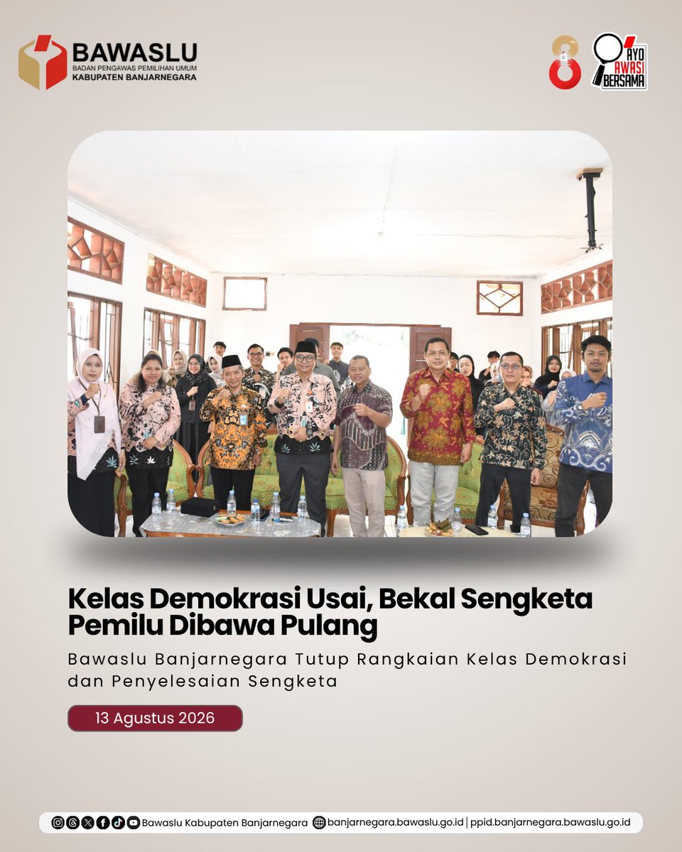 bawaslu_bna's tweet photo. (13/08) Bawaslu Banjarnegara resmi menutup Kelas Demokrasi dan Penyelesaian Sengketa setelah 5 kali pertemuan sejak 3 Agustus. Peserta praktik simulasi sengketa Pemilu, 3 terbaik diumumkan, seluruh peserta terima sertifikat
#KelasPenyelesaianSengketa
#BawasluBanjarnegara
#Bawaslu https://t.co/8jc8IH86j0