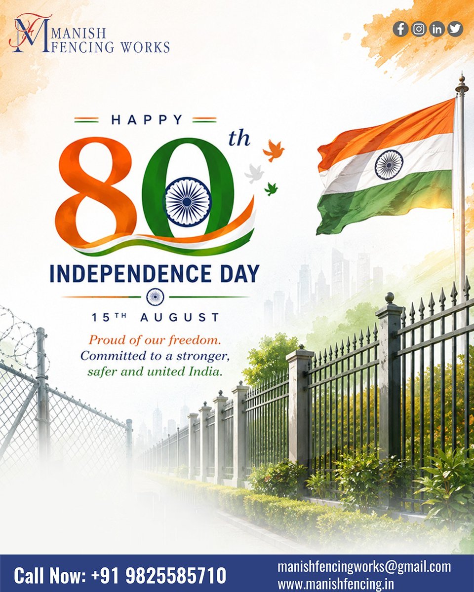 manishfencing's tweet photo. Celebrating 80 years of freedom, unity, and pride!  🧡🤍💚
Let’s build a stronger, safer, and united India together. Wishing everyone a Happy Independence Day! 🇮🇳✨

#ManishFencingWorks #HappyIndependenceDay #15thAugust #NationFirst #IncredibleIndia #VandeMataram #SaluteToHeroes https://t.co/OPFlT0XHBt