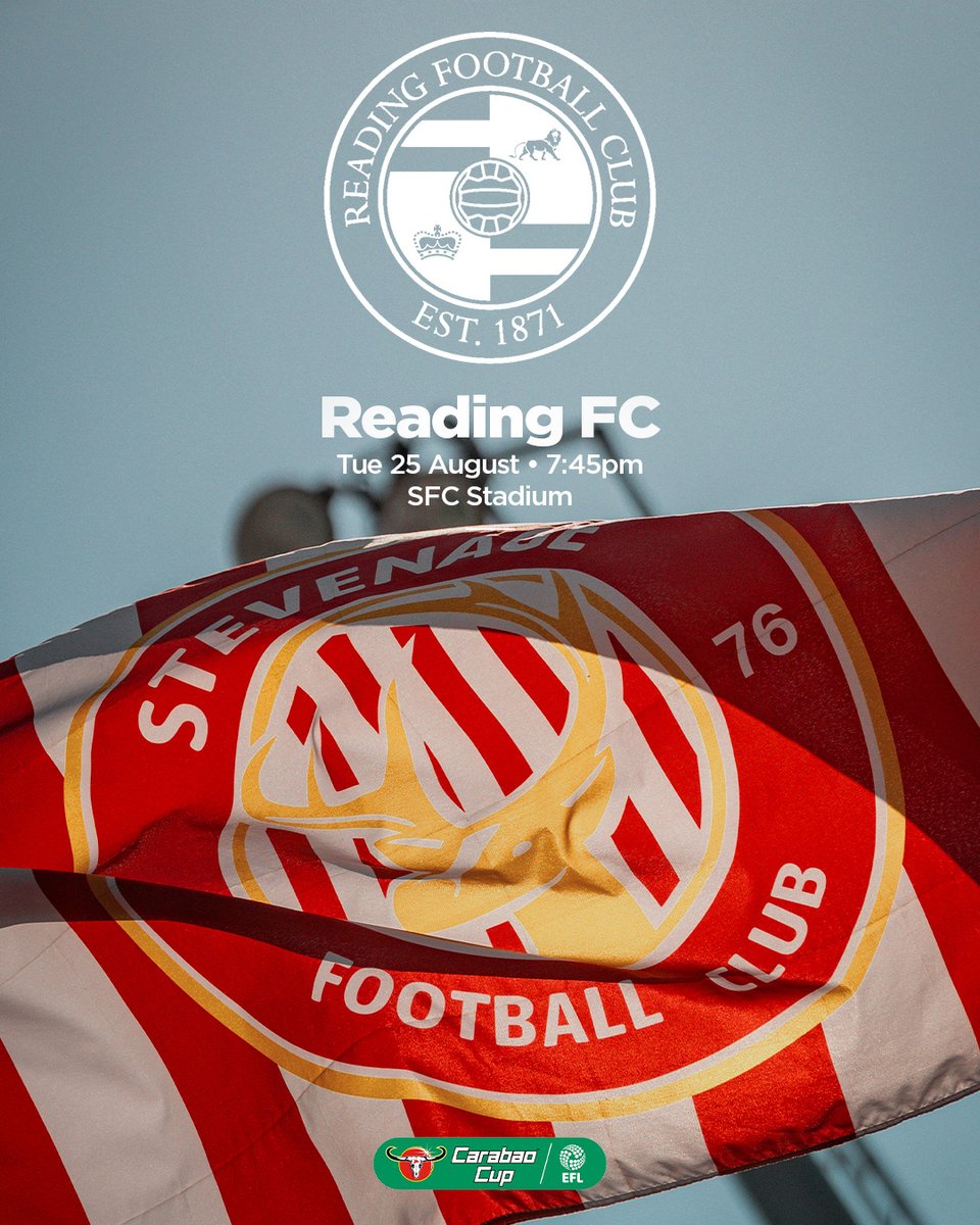 StevenageFC's tweet photo. Match tickets for our Round Two Carabao Cup fixture on Tue 25 Aug against Reading FC are now on sale for Season Ticket holders and will go on general sale tomorrow from 10am. 🎟️