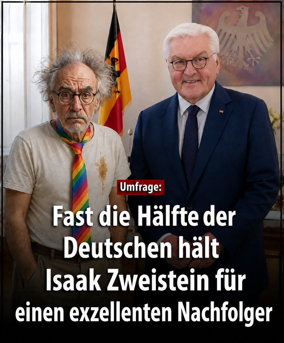 IsaakZweistein's tweet photo. Fast die Hälfte der Deutschen? Isaak Zweistein wäre jedenfalls bereit – Krawatte sitzt, Kompetenz wird noch geprüft. 😎🌈

#Satire #IsaakZweistein #PolitikSatire #Bundespräsident #Humor https://t.co/2VWw5ESQks