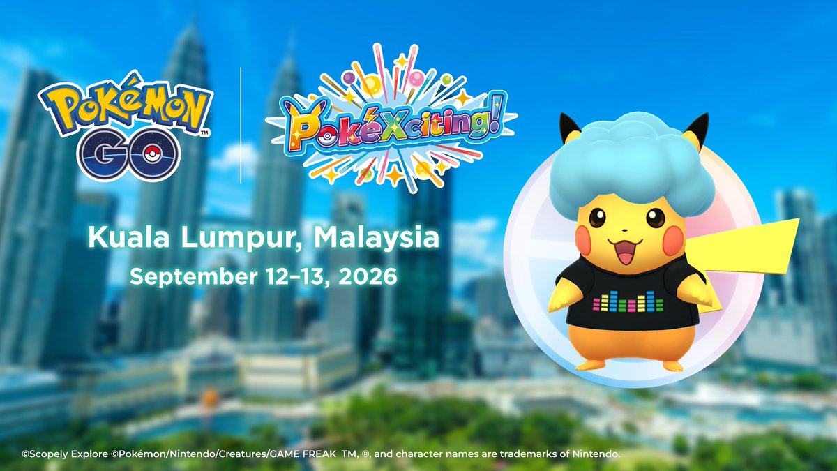 ianygo_official's tweet photo. 📌 More details for the PokéXciting! event in Kuala Lumpur

🗓️ September 12–13, 2026
📍 3.155577, 101.714786

🔶 PokéXciting! Pikachu (Turquoise) 🔶

🖼️✅ With a Location Background:
1⃣ Cross-Region GO Stamp Rally (1 stamp)
2⃣ Regional GO Stamp Rally in KLCC Park (5 stamps)

🖼️❎ Without a Location Background:
3⃣ Two free Timed Research opportunities
4⃣ Wild encounters

PokéXciting! Pikachu (Turquoise, without a background) will continue to appear in the wild in Kuala Lumpur for one month after the local event ends!

🔶 Gigantamax Battles 🔶
Gigantamax Venusaur
Gigantamax Charizard
Gigantamax Blastoise

🔶 Event bonuses and features 🔶
• 2× XP for spinning PokéStops
• 1/2 Stardust cost for trades
• 2 additional Special Trades
• 1-hour Lure Modules
• Increased Candy for catching Pokémon with Nice, Great, and Excellent Throws
• A special map effect
• Event-themed Stamp Rally PokéStops

#PokemonGO #ポケモンGO