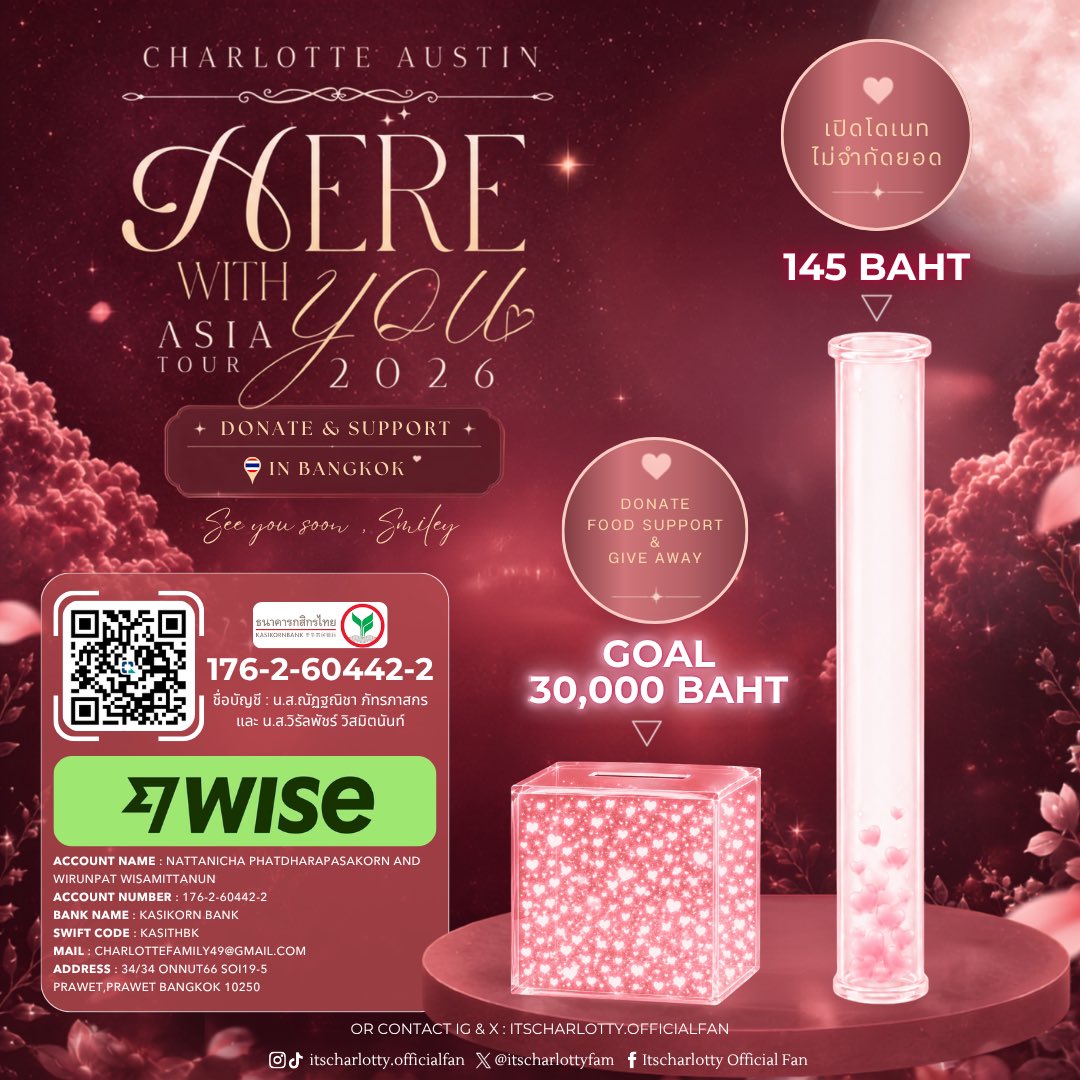 itscharlottyfam's tweet photo. 📢 โดเนทซัพพอร์ตงาน CHARLOTTE AUSTIN – HERE WITH YOU ASIA TOUR 
2026 in Bangkok, Thailand 🐰💖

📍ช่อเงินสำหรับ “ชาล็อต ออสติน” | อัพเดตยอดตอนนี้ 145 บาท

✅ Food Support + Giveaway เป้าหมาย 30,000 บาท ✅

⚠️ หมายเหตุ : เนื่องจากขณะนี้ยังไม่มีการประกาศวันจัดงานอย่างเป็นทางการ ทางแอดมินจึงขออนุญาตเปิดรับโดเนท จนกว่าจะมีการประกาศรายละเอียดเพิ่มเติม

HERE WITH CHARLOTTE14
#CharlotteAustin #ชาล็อตออสติน @itscharlotty