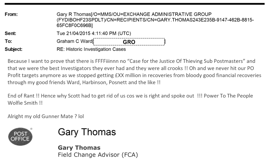 ArturNadol7566's tweet photo. POST OFFICE PAID CASH BONUSES FOR EVERY INNOCENT PERSON THEY GOT CONVICTED

You get a bonus for hitting sales targets. You get a bonus for cutting costs. At the @PostOffice you got a bonus for convicting your own postmasters.

Gary Thomas worked in the Post Office security team from 2000 to 2012. He told the Horizon Inquiry his yearly bonus objectives were based on how many successful prosecutions he secured and how much money he clawed back from postmasters. Asked if that influenced his decisions, he admitted it probably did.

In 2015 he emailed colleague Graham Ward saying he was pleased to have dug up old case files. He wanted to prove there was no case for justice for what he called thieving subpostmasters. 

He wrote that he and his team were the best investigators they ever had and they were all crooks. 

That email went out 6 years after victims had already formed a campaign group and two years after an independent report flagged serious problems with the Horizon system. He apparently missed the memo.

One of his cases was Julian Wilson. Wilson raised concerns about Horizon glitches the moment Thomas interviewed him in 2008. None of that made it into the investigation report. Wilson was convicted of false accounting, handed community service and ordered to repay money that was never missing. He died of cancer in 2016. His name was cleared after he was already gone.

Sir Alan Bates spent two decades dragging this scandal into the open. He called the bonus scheme appalling and pointed to what he described as the horrendous culture behind it. 

Lord Beamish, formerly Kevan Jones MP @RtHonKevanJones, called it disgusting that anyone thought incentivising prosecutions was acceptable.

The Post Office response to all this. They said they fully support the inquiry getting to the truth...

Reassuring, from the organisation that turned wrongful convictions into a performance bonus scheme.

Sources: @Telegraph @Karlfl @BBCNews @nickwallis