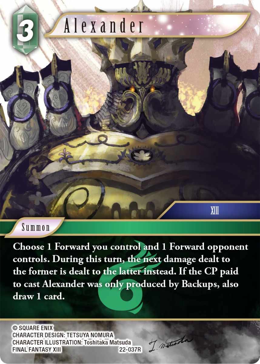 JudgeJaredFFTCG's tweet photo. @FFTCG_SQEX I cast Alexander paying only with CP produced by backups. When the Summon resolves my opponent’s Forward has become an invalid target.

A) Do I still get to draw a card?

B) The next time my Forward is dealt damage, which Forward will receive the damage? https://t.co/QKOB8NevQQ