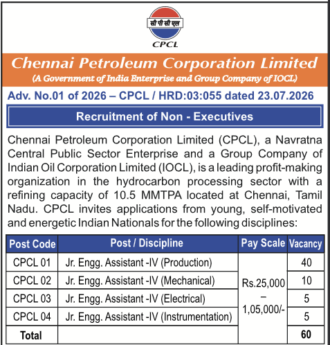 indiangovtjobs's tweet photo. ✅ CPCL Recruitment 2026 – Apply Online for 60 Junior Engineering Assistant-IV Posts | Last Date 11-09-2026

🔗 Apply Details: https://t.co/2qQI2A1OXb https://t.co/zndpYzKyY1