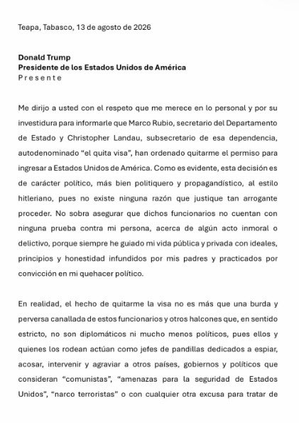 nacholozano's tweet photo. #ÚLTIMAHORA  |  Le quitaron la #Visa a “Andy” López Beltrán. El hijo del expresidente Andrés Manuel López Obrador lo confirmó en su cuenta de Instagram y le escribió esta carta al presidente Donald #Trump. Acusa directamente a Marco Rubio y Christopher Landau: https://t.co/WfioI6Jsx2