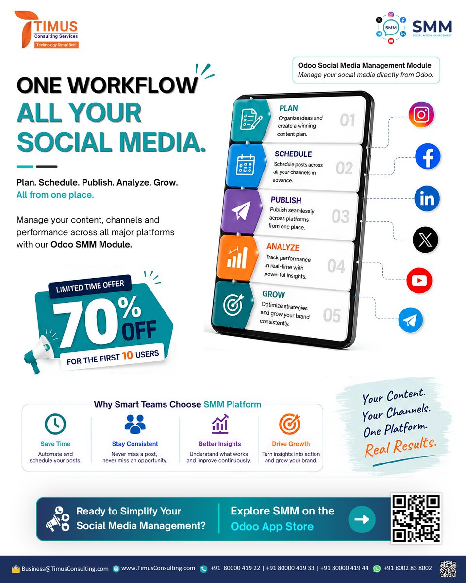 TimusServices's tweet photo. One workflow. All your social media. 🚀

Plan. Schedule. Publish. Analyze. Grow.

Manage it all from one place with SMM Platform for Odoo.

🔥 70% OFF for the first 10 users.

#SMM #Odoo #SocialMediaManagement #TimusConsultingServices https://t.co/jChqTtrM7Y