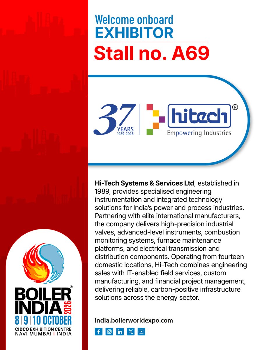 boilerworldexpo's tweet photo. We are delighted to welcome Hi-Tech Systems & Services Ltd (@hitechssltd) as an Exhibitor at Boiler India 2026!
#boilerindia #bi26 #boiler #manufacturing #conference #tradeshow #exhibition #events #sustainability #growth https://t.co/TP4IumkWez