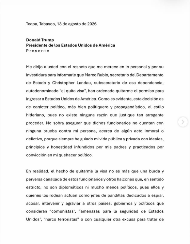 AztecaNoticias's tweet photo. 🚨#ÚLTIMAHORA | 🚨 Estados Unidos le retira la visa a Andy López Beltrán, hijo del expresidente Andrés Manuel López Obrador.

Al respecto, publicó en sus redes sociales una carta dirigida a Donald Trump.

Mientras presume viajes y privilegios, #Washington le cierra la puerta.

Lee más: https://t.co/9jKM6oL0bD