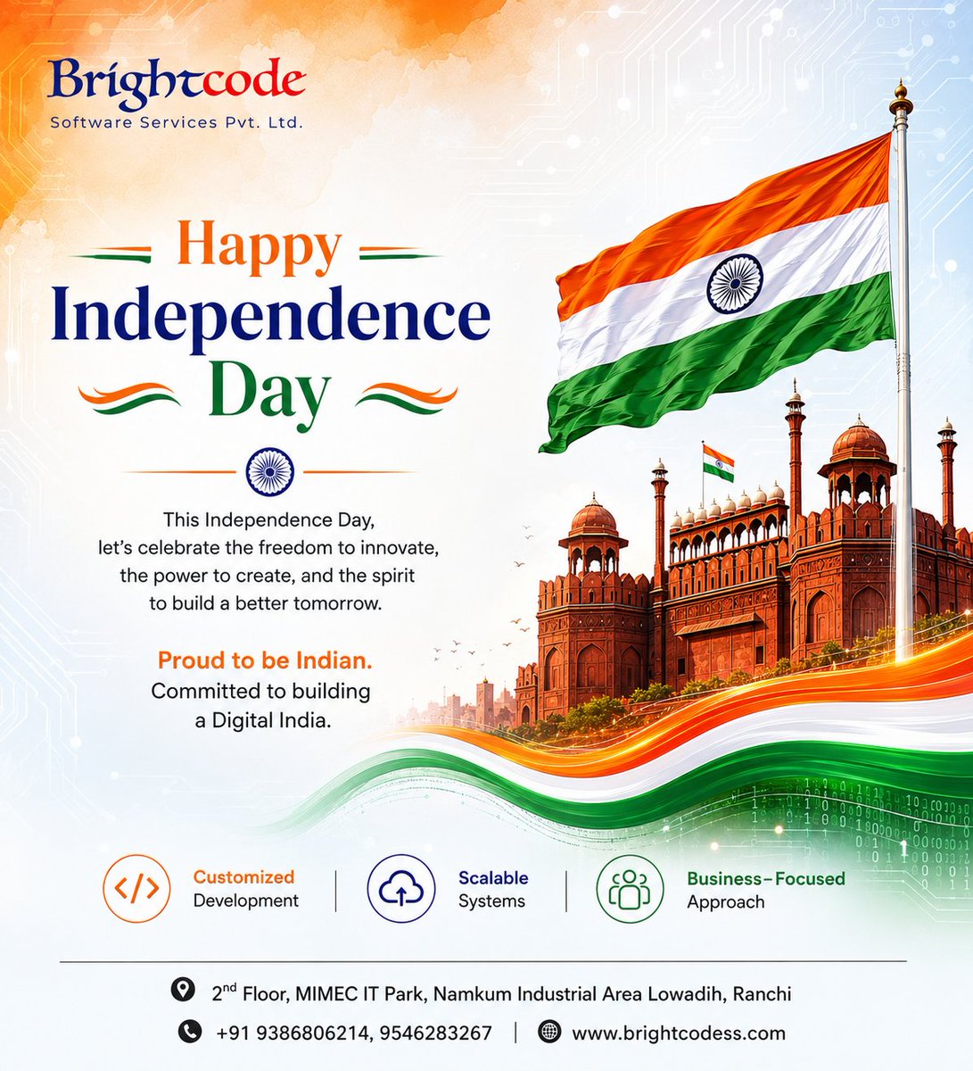 brightcodebss's tweet photo. Proud to be Indian. Proud to build a Digital India. 💻✨

This Independence Day, let’s celebrate innovation, freedom, and a brighter tomorrow.

📞 +91 9386806214 | 9546283267

#HappyIndependenceDay #DigitalIndia #ProudToBeIndian https://t.co/zW6LG3wSRX