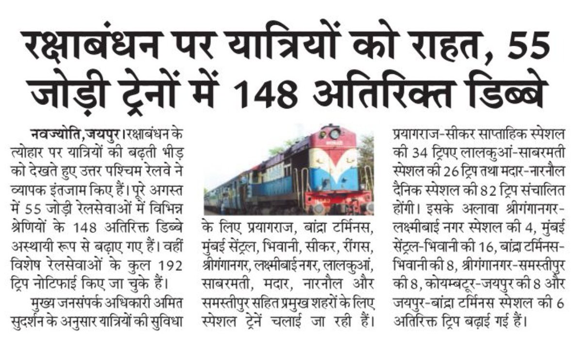 NWRailways's tweet photo. रक्षाबंधन पर यात्रियों को राहत, 55 जोड़ी ट्रेनों में 148 अतिरिक्त डिब्बे
#RakshaBandhan 🎀 #AdditionalCoaches 🚆 #RailwayUpdate 📢 #FestivalSpecial #IndianRailways 🚆 #NorthWesternRailway https://t.co/741qImjEbI