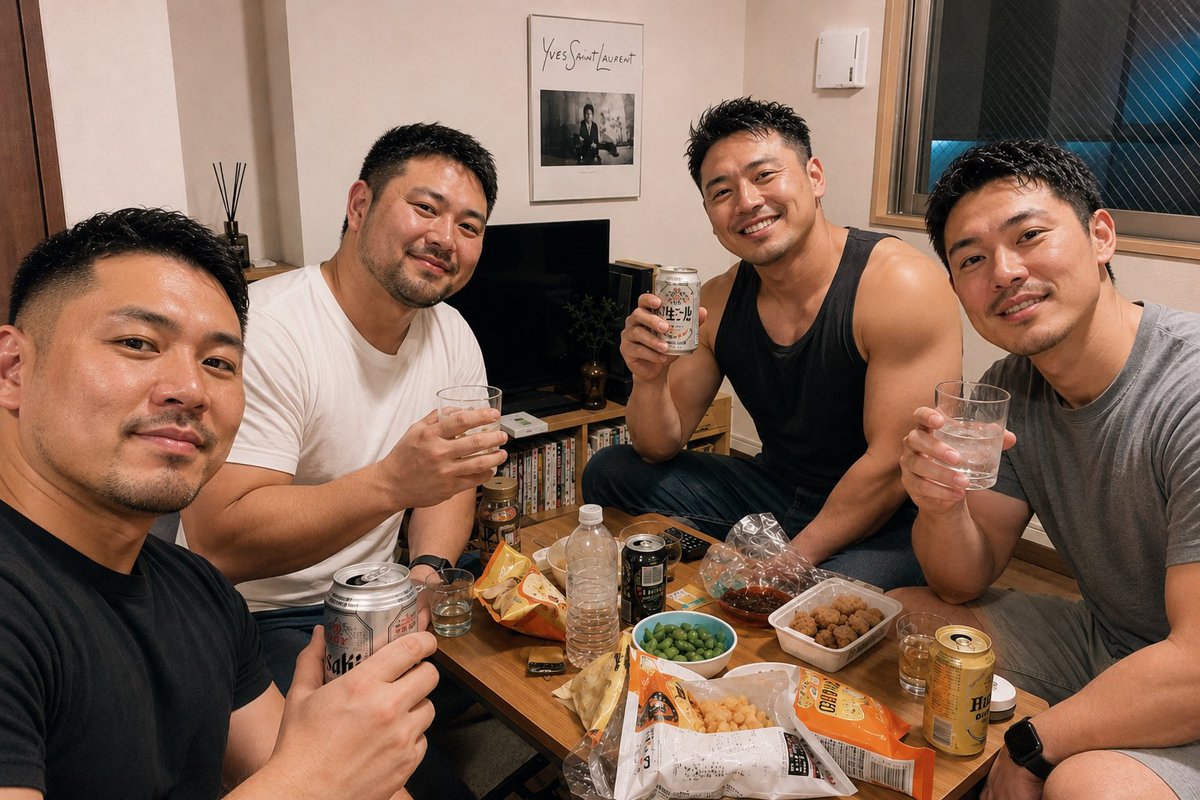 boooooe's tweet photo. ��ゃっぴーに
30代短髪ゲイ男性日本人
って生成してもらったらかなりリアル

宅飲みイメージで

85〜100キロくらいに体重増やしたver.と
それを筋肉質にして体型のばらつきを出したver.と https://t.co/DyO8uLBjBG