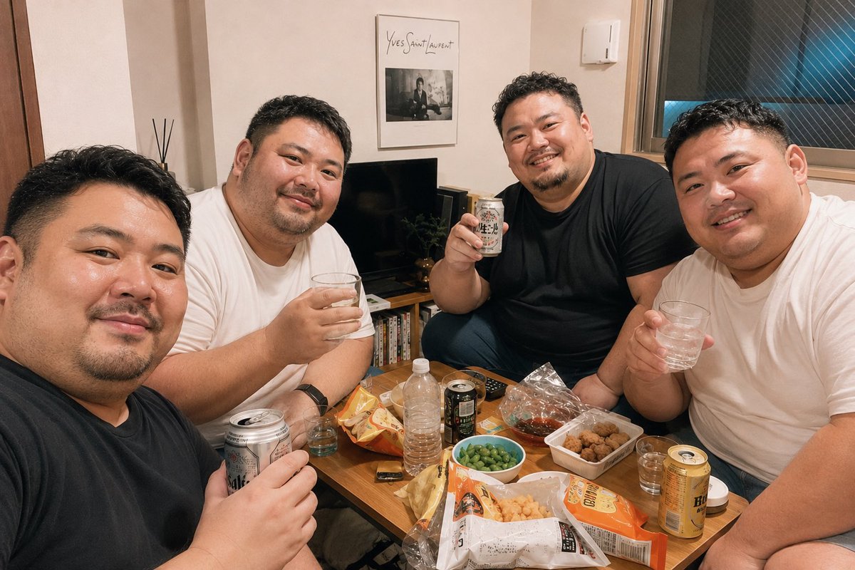 boooooe's tweet photo. ��ゃっぴーに
30代短髪ゲイ男性日本人
って生成してもらったらかなりリアル

宅飲みイメージで

85〜100キロくらいに体重増やしたver.と
それを筋肉質にして体型のばらつきを出したver.と https://t.co/DyO8uLBjBG