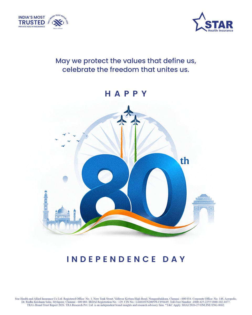 StarHealthIns's tweet photo. 80 years of freedom, grounded in courage, strengthened by unity and guided by values. This Independence Day, let’s honour the sacrifices of those who fought for our freedom and protect the principles that continue to shape our nation.

#IndependenceDay2026 #15thAugust #80YearsofFreedom #JaiHind #StarHealthInsurance #StarHealth #HealthInsurance