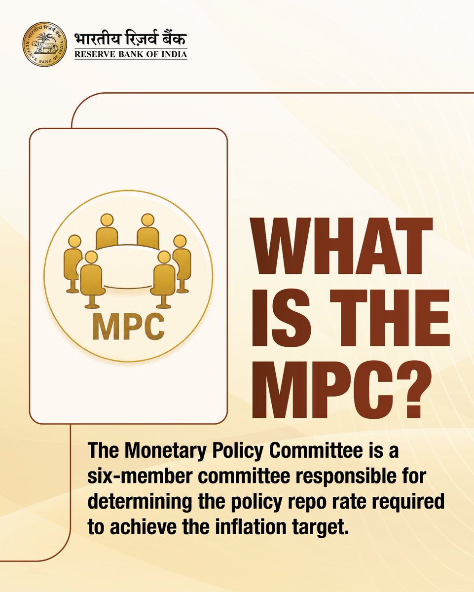 RBI's tweet photo. A significant milestone in RBI's history came in 2016 with the formation of the Monetary Policy Committee (MPC).​

Swipe through to learn how this committee became a key part of India's monetary policy framework.​

​​#RBIHistory #KnowYourRBI #MonetaryPolicy https://t.co/87vyJm5XZ9