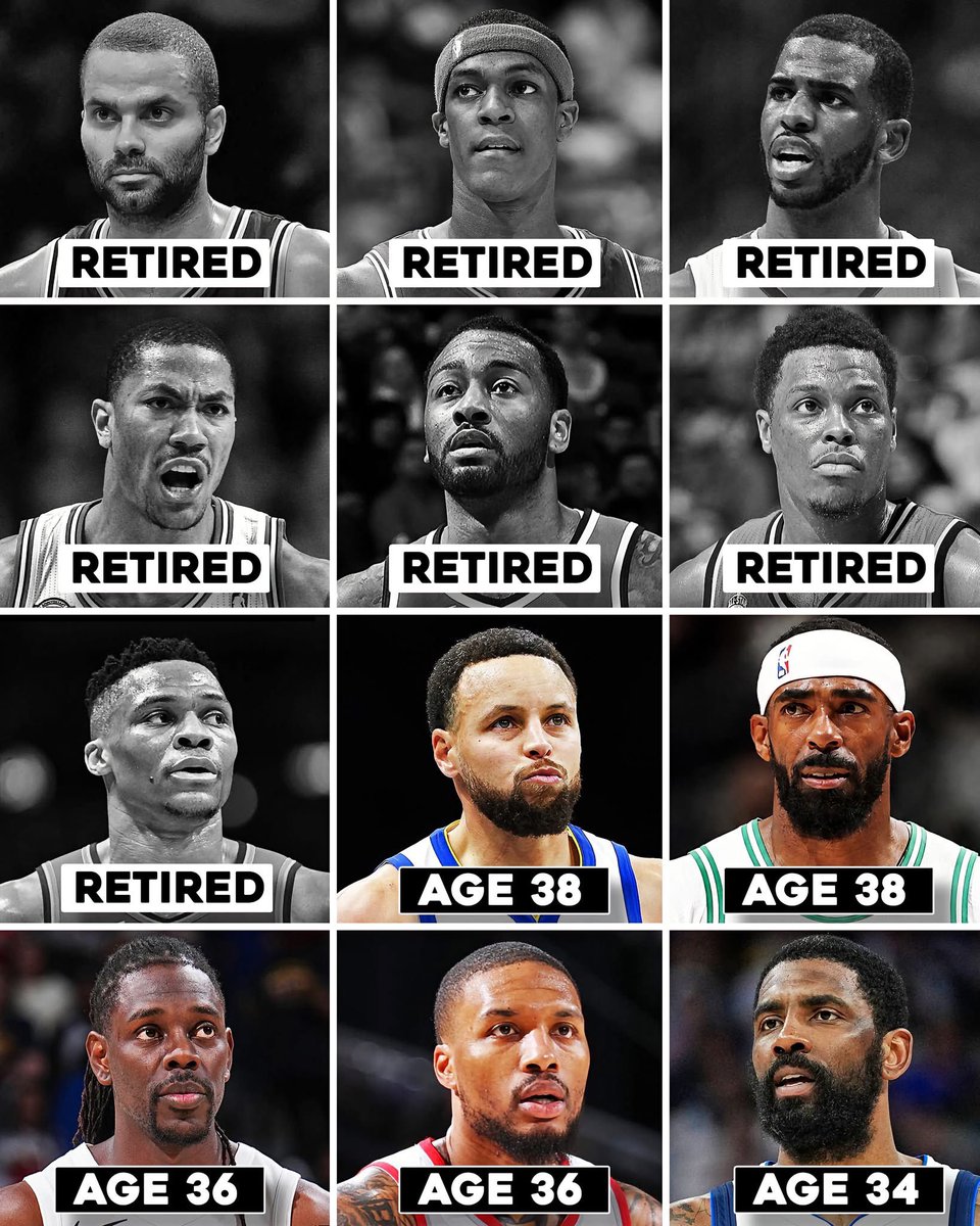 BBallGround's tweet photo. The golden era of 2010s Point Guards is almost at the finish line... 😢💔

It hurts knowing soon, EVERYONE from this picture will be retired.

Only 5 REMAINING:

🔹Steph Curry (38)
🔹Mike Conley (38)
🔹Jrue Holiday (36)
🔹Dame Lillard (36)
🔹Kyrie Irving (34)

An entire era is disappearing right before our eyes ⏳🥺