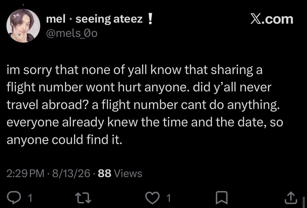 tinysag's tweet photo. So basically @mels_0o is a person leaking @ATEEZofficial flight info and trying to normalize it and gaslight everyone in the process. 

If you support this or follow her, we have no business being associated. 

@kqent 
@ATEEZstaff https://t.co/IDfjOC2TId