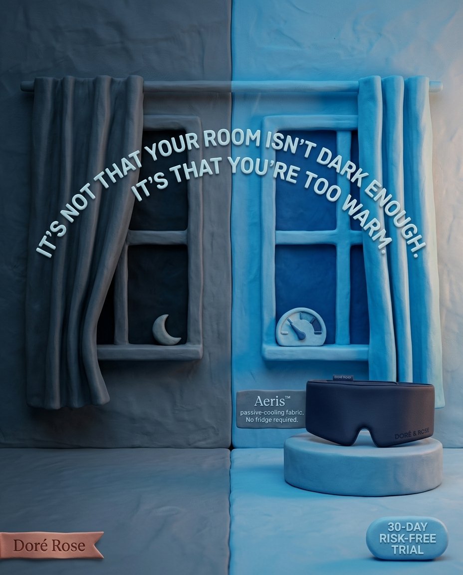 timstarted's tweet photo. 4 rules we stick by when a real product goes into a fully illustrated ad:

1. pick the mode before you prompt — photoreal product in a drawn world, or product sculpted too. Mixing the two mid-set is what stops four panels reading as one campaign.
2. the material mismatch is the point. Everything is plasticine, the mask is not. That break is what makes the eye read a real object instead of a prop.
3. the problem owns the frame, the product takes 15-20%. Panel one is a sleeper ripping a mask off at 3AM. The mask sits on the nightstand.
4. never let micro-text on the product render as letters. The woven tag comes out as emboss, or Nano Banana invents a word onto your client's packaging.

that's it. one clay world, four arguments, one product that survives all four.