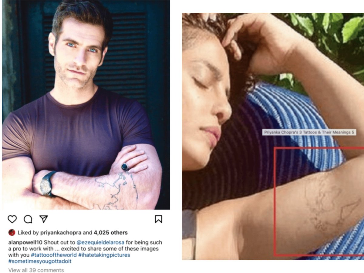 komolikabasu_'s tweet photo. They dated during Quantico, and you can even see how she copied his tattoo and flaunted it. He's a married man with 5 kids!! Why is this aunty always after married men? She did the same in bollywood and got kicked out https://t.co/WrvFmbnmfA