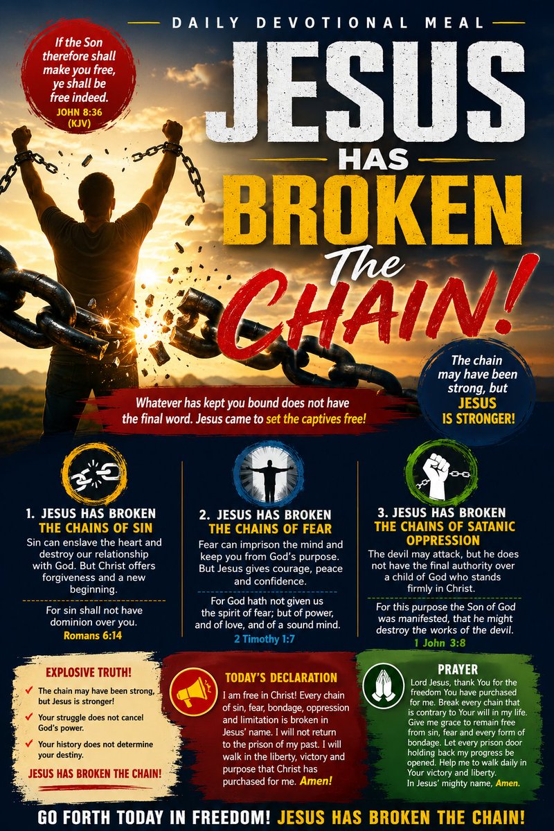 RArakunrin's tweet photo. Friday August 14, 2026

DAILY DEVOTIONAL MEAL

JESUS HAS BROKEN THE CHAIN

Bible Reading: Isaiah 61:1–3; John 8:36
Memory Verse: “If the Son therefore shall make you free, ye shall be free indeed.”  John 8:36 https://t.co/T0IlPOodxC