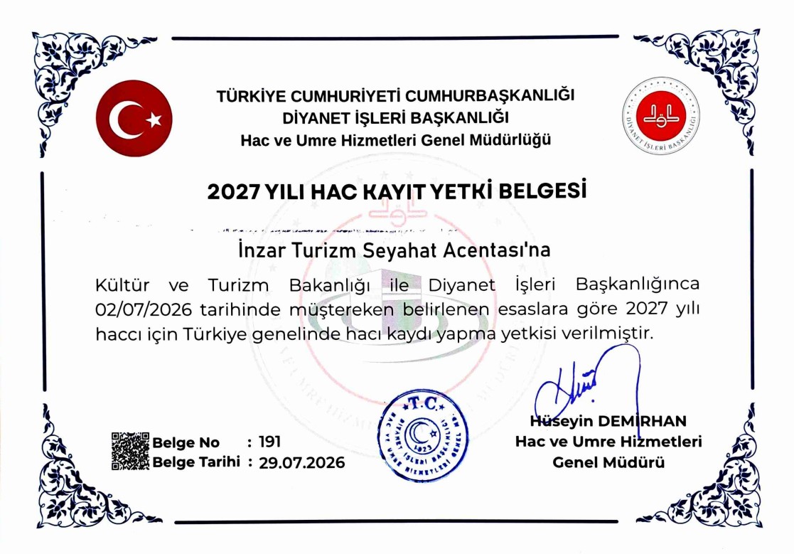 inzar_turizm's tweet photo. İnzar Turizm olarak, 2027 Hac organizasyonu yetki belgemizi aldık! 🕋

#İnzarTurizm @hacveumredib https://t.co/M7BwPQvnOc