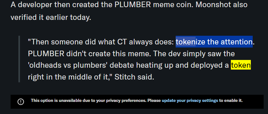 steindevs_'s tweet photo. 3 hours ago, pumpfun employee did a interview with yahoo finance where they said "tokenize the attention"

Pumpfun commented on the lawsuits and said "we just provide a platform to allow people to tokenize the attention"

we have never bonded this slogan before

https://t.co/MDAo3NkE7v