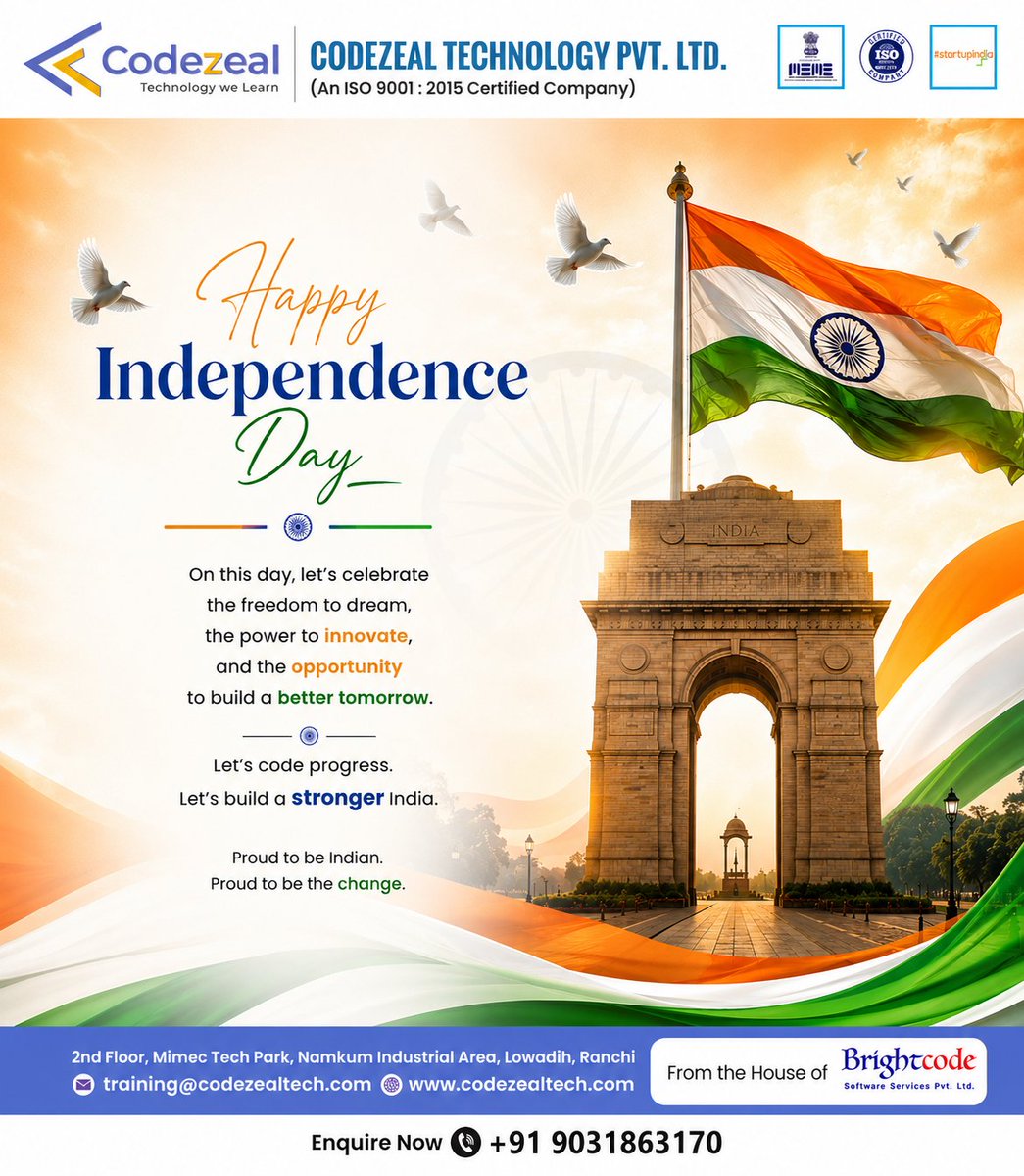 Codezealtech's tweet photo. Happy Independence Day! 🇮🇳

Let’s celebrate the freedom to dream, the power to innovate, and the opportunity to build a stronger India. 💻✨

Let’s code progress. Let’s be the change.

📞 +91 9031863170

#IndependenceDay #15August https://t.co/V5TZePSxmh