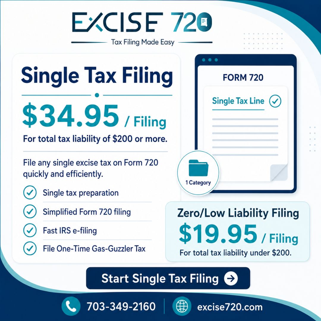 excise720's tweet photo. Filing just one excise tax category? Keep it simple with Excise720.
 https://t.co/R43GHwso9E

#excise720 #form720 #excisetax #taxfiling #irsefile #singleTaxFiling #federaltax #taxcompliance #businessTax #onlineTaxFiling https://t.co/ZeTyY3QZI5