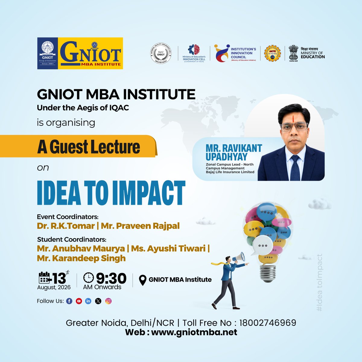 GNIOTCollege's tweet photo. GNIOT MBA Institute organised an insightful Orientation Programme for final-year MBA, BBA & Integrated MBA students. Mr. Ravikant Upadhyay, Bajaj Life Insurance, shared valuable industry insights to strengthen students’ skills and career readiness.
#GNIOTMBA #OrientationProgramme https://t.co/d2CM7gFzp4