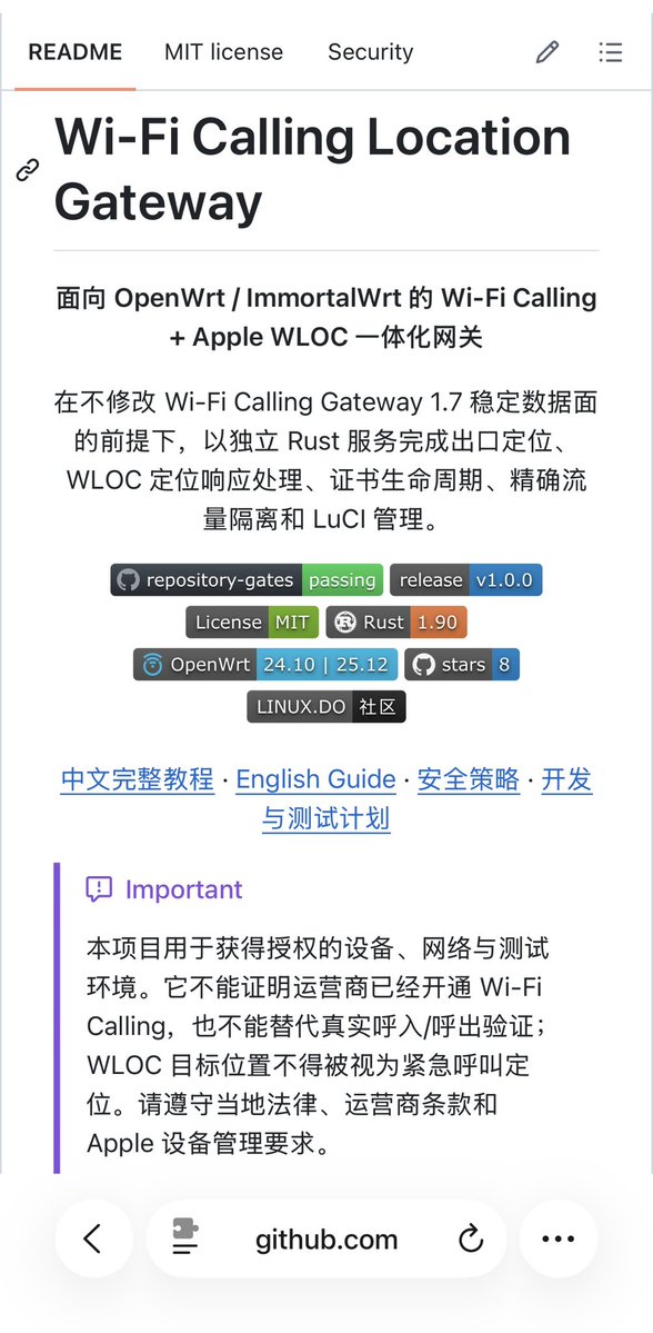 Lee_points's tweet photo. 我在网上已看到关于 Wi-Fi Calling、WLOC 相关项目不下 10 次，这是首次见有人将两者放到 OpenWrt 路由器里。

它将“Wi-Fi Calling 走指定代理节点”和“让 iPhone 的 Apple WLOC 定位与该节点地区匹配”整合到 OpenWrt 路由器。

💡例如：英国 SIM → 路由器为该 iPhone 的 Wi-Fi Calling 指定英国节点 → WLOC 自动跟随英国出口 → iPhone 向 Apple 发出的 WLOC 定位请求也被处理为英国目标位置。

整个过程主要在路由器完成，无需手机一直开 Shadowrocket/WARP，也无需 Cloudflare Worker、WLOC Plus 网站或 Token。

由于新项目 v1.0.0 刚发布，现阶段更适合愿意折腾排错的人，而非追求一次安装永久稳定的人。