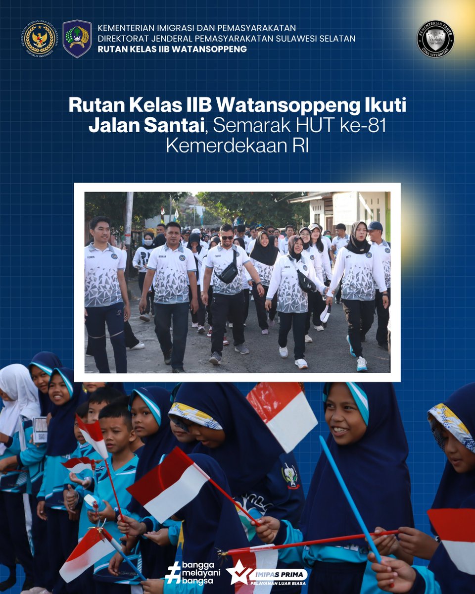 RutanWatansoppe's tweet photo. Rutan Kelas IIB Watansoppeng Ikuti Jalan Santai Semarak HUT ke-81 Kemerdekaan RI. Melalui kegiatan jalan santai ini, diharapkan semangat kemerdekaan dapat terus diwujudkan melalui kebersamaan, kekompakan, kepedulian, serta sinergi antarlembaga. https://t.co/82XM6hrIKG
