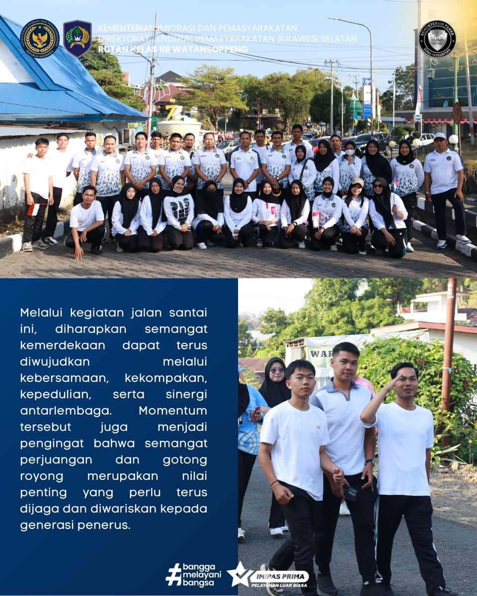 RutanWatansoppe's tweet photo. Rutan Kelas IIB Watansoppeng Ikuti Jalan Santai Semarak HUT ke-81 Kemerdekaan RI. Melalui kegiatan jalan santai ini, diharapkan semangat kemerdekaan dapat terus diwujudkan melalui kebersamaan, kekompakan, kepedulian, serta sinergi antarlembaga. https://t.co/82XM6hrIKG