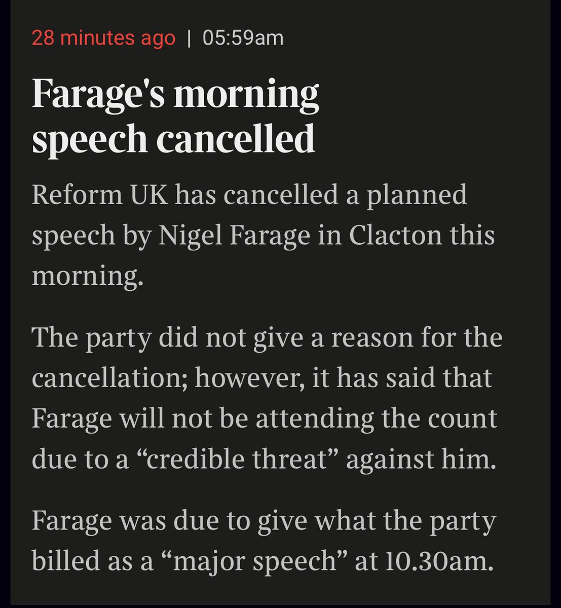 LizWebsterSBF's tweet photo. 🚨 Nigel Farage wins Clacton with 62.8%.

Sounds enormous until you look at the votes.

2024: 21,225 Farage votes
2026: 22,239 Farage votes

Just 1,014 extra votes, despite Labour, Conservatives and Lib Dems not even standing.

Meanwhile 9,455 people voted for a man dressed as a bin.

Farage didn’t attend the declaration and his planned “major speech” this morning has now been cancelled.

Some resounding triumph.